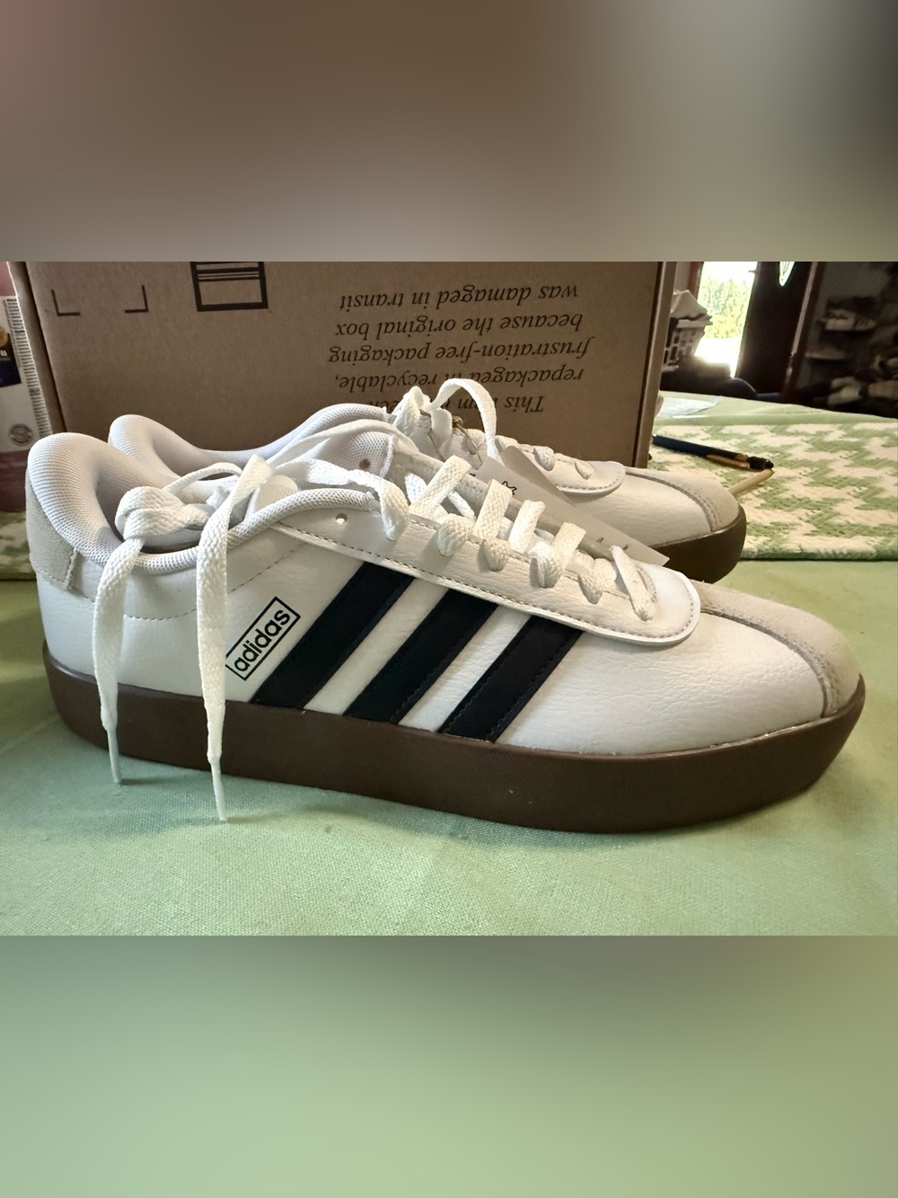 adidas White Sneakers with Black Stripes and Brown Sole